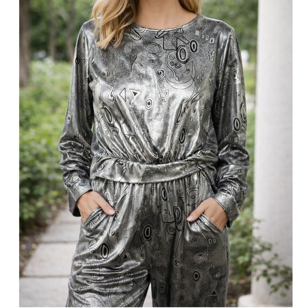 Vintage Alli Petites of California 1980s Shiny Silver Abstract 2 Piece Track Set